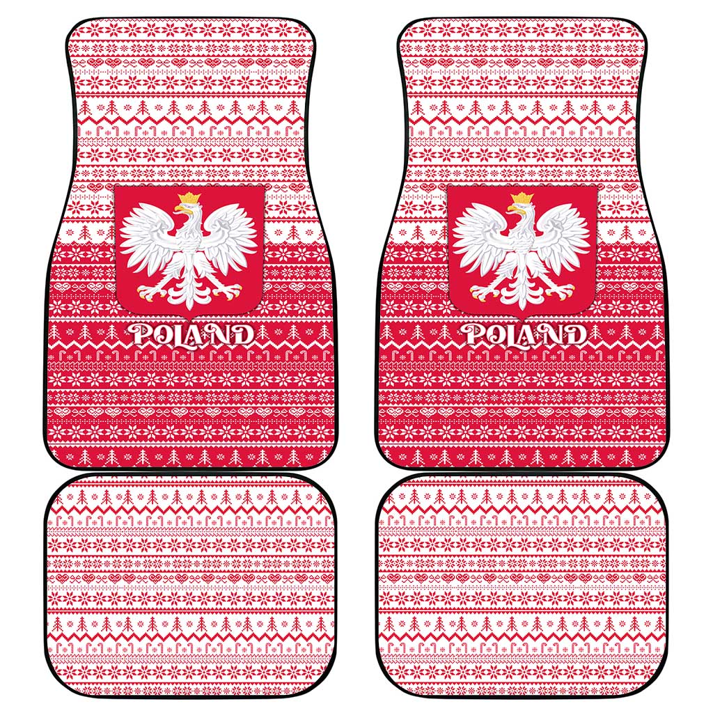 Poland Christmas Car Mats with Santa Riding Stork White Eagle Emblem and Red Snowflake Knit Pattern Design - Wonder Print Shop