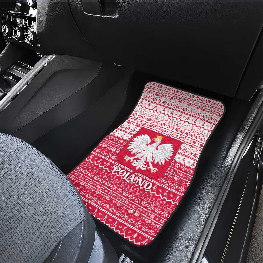Poland Christmas Car Mats with Santa Riding Stork White Eagle Emblem and Red Snowflake Knit Pattern Design - Wonder Print Shop