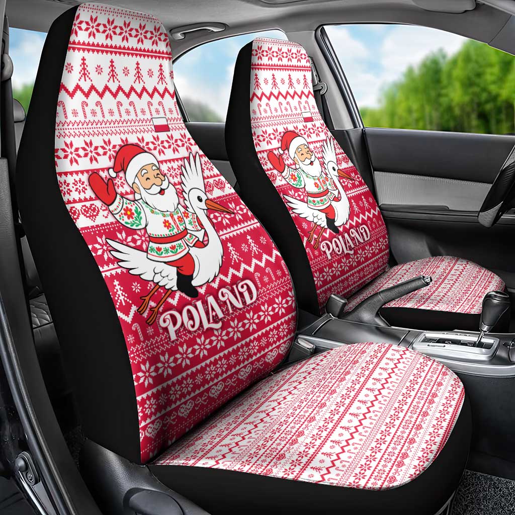 Poland Christmas Car Seat Cover with Santa Riding Stork White Eagle Emblem and Red Snowflake Knit Pattern Design - Wonder Print Shop