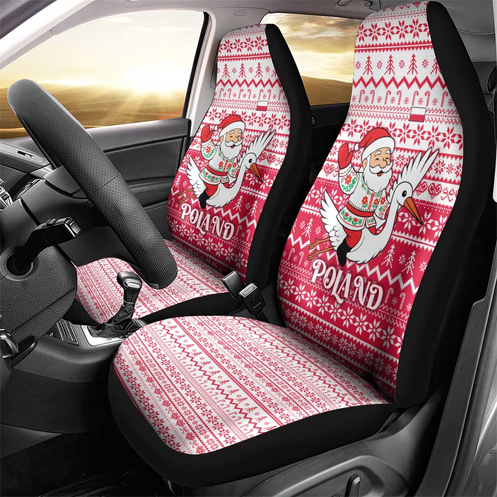 Poland Christmas Car Seat Cover with Santa Riding Stork White Eagle Emblem and Red Snowflake Knit Pattern Design - Wonder Print Shop