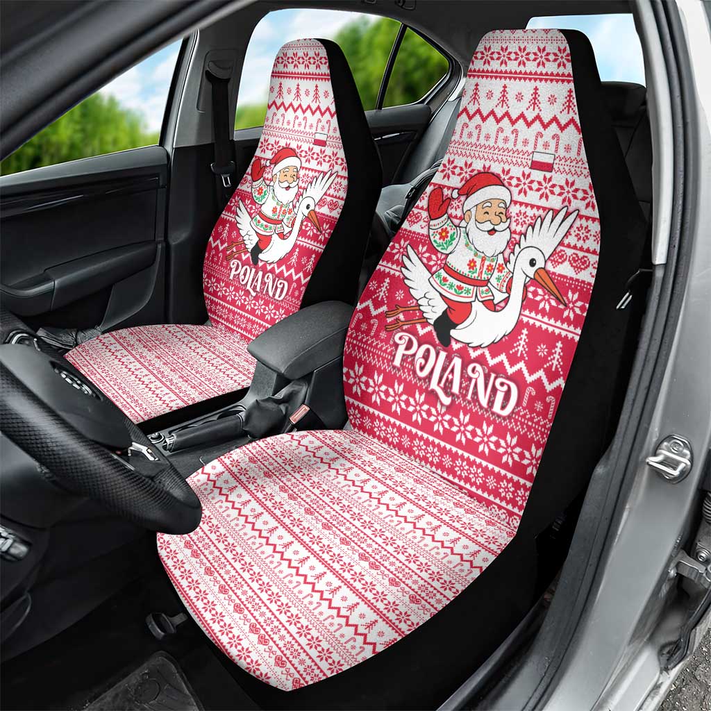 Poland Christmas Car Seat Cover with Santa Riding Stork White Eagle Emblem and Red Snowflake Knit Pattern Design - Wonder Print Shop