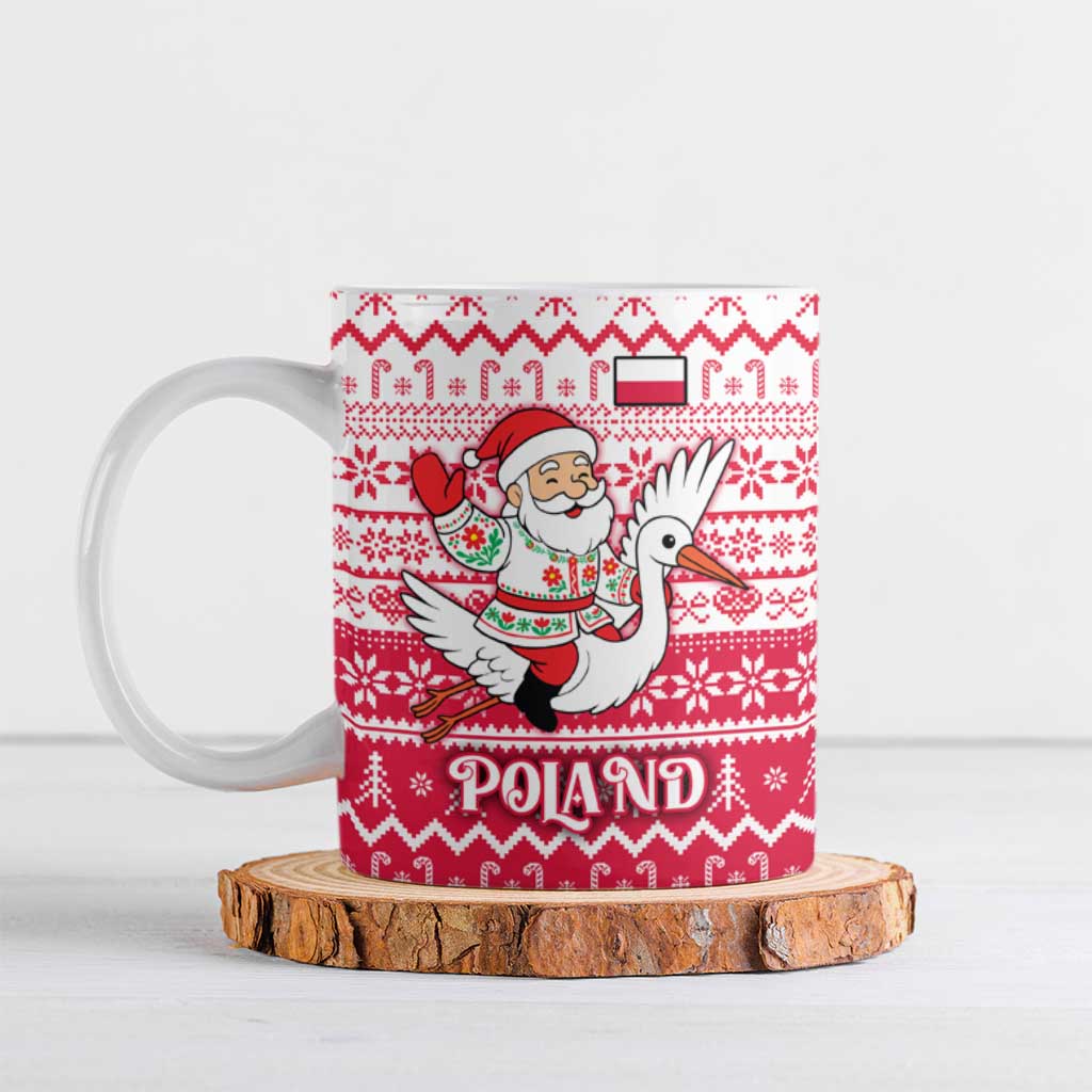 Poland Christmas Ceramic Mug with Santa Riding Stork White Eagle Emblem and Red Snowflake Knit Pattern Design - Wonder Print Shop