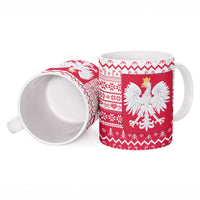 Poland Christmas Ceramic Mug with Santa Riding Stork White Eagle Emblem and Red Snowflake Knit Pattern Design - Wonder Print Shop