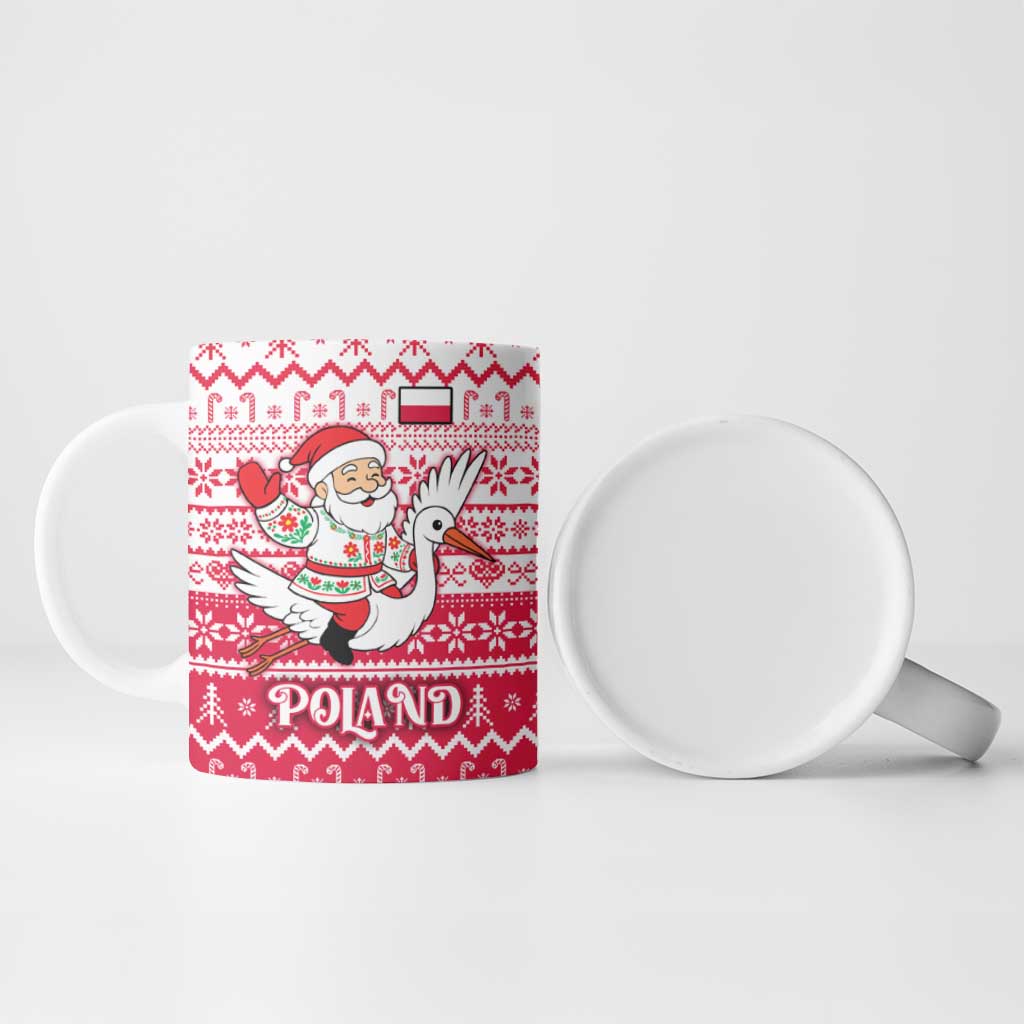 Poland Christmas Ceramic Mug with Santa Riding Stork White Eagle Emblem and Red Snowflake Knit Pattern Design - Wonder Print Shop