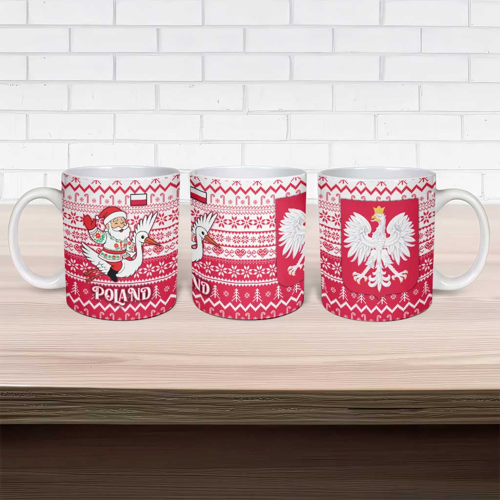 Poland Christmas Ceramic Mug with Santa Riding Stork White Eagle Emblem and Red Snowflake Knit Pattern Design - Wonder Print Shop