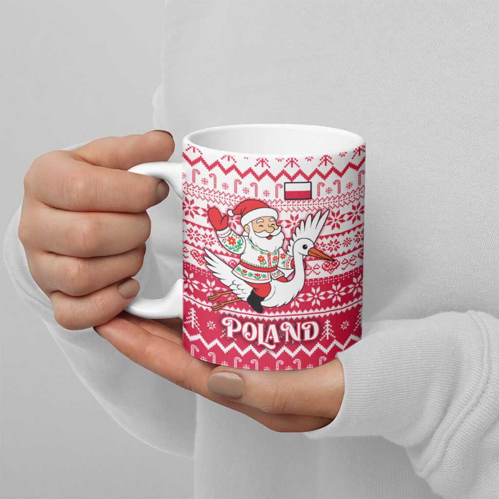 Poland Christmas Ceramic Mug with Santa Riding Stork White Eagle Emblem and Red Snowflake Knit Pattern Design - Wonder Print Shop