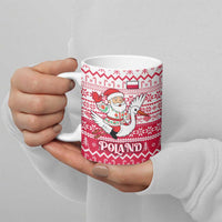 Poland Christmas Ceramic Mug with Santa Riding Stork White Eagle Emblem and Red Snowflake Knit Pattern Design - Wonder Print Shop