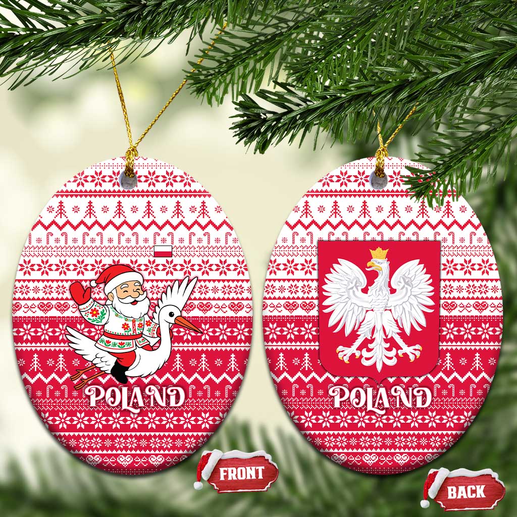 Poland Christmas Ceramic Ornament with Santa Riding Stork White Eagle Emblem and Red Snowflake Knit Pattern Design - Wonder Print Shop