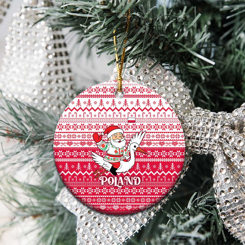 Poland Christmas Ceramic Ornament with Santa Riding Stork White Eagle Emblem and Red Snowflake Knit Pattern Design - Wonder Print Shop
