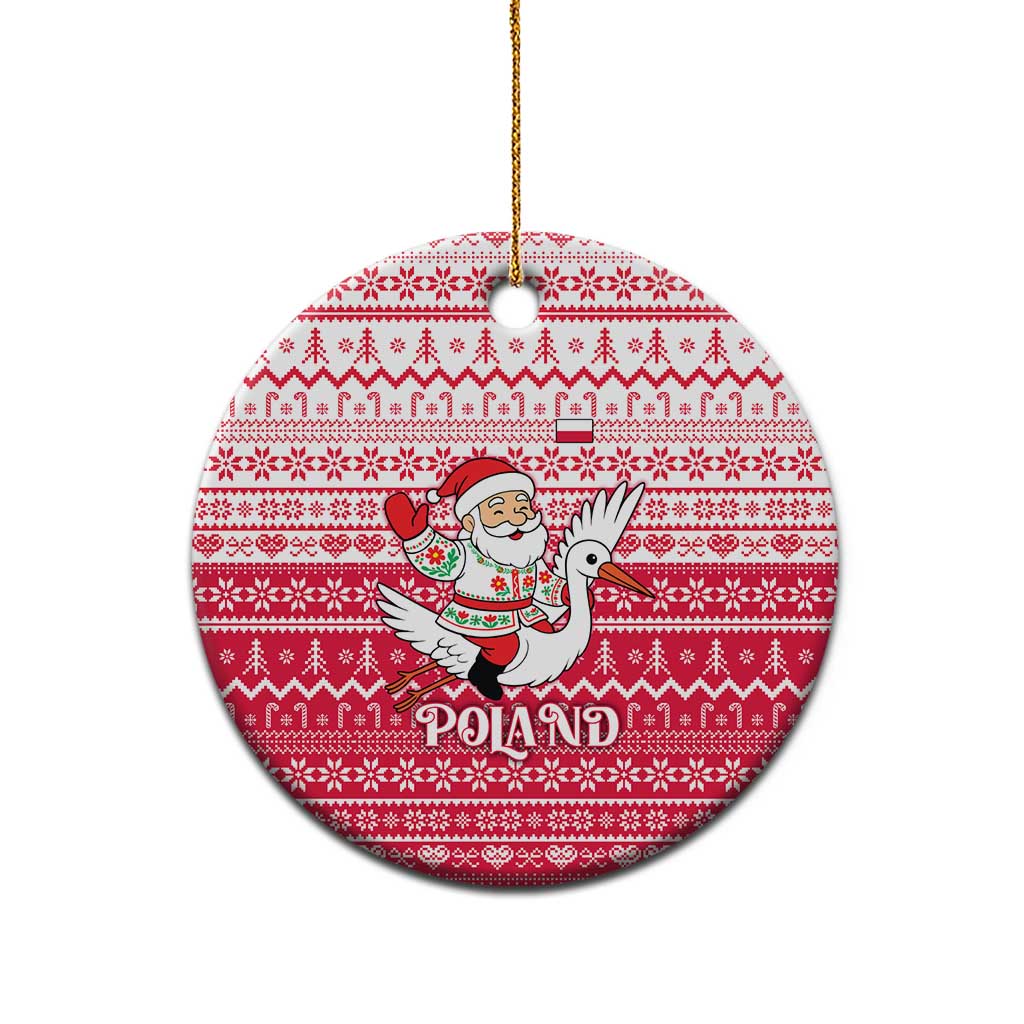 Poland Christmas Ceramic Ornament with Santa Riding Stork White Eagle Emblem and Red Snowflake Knit Pattern Design - Wonder Print Shop