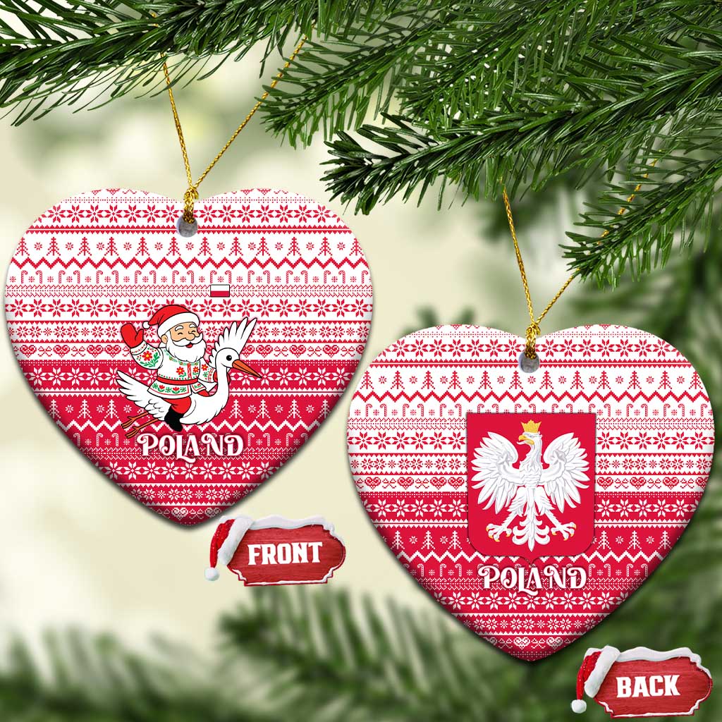 Poland Christmas Ceramic Ornament with Santa Riding Stork White Eagle Emblem and Red Snowflake Knit Pattern Design - Wonder Print Shop