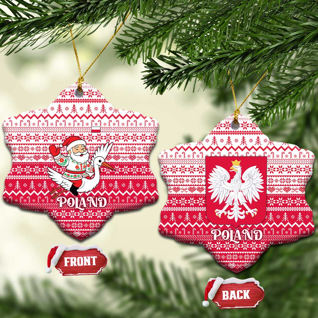 Poland Christmas Ceramic Ornament with Santa Riding Stork White Eagle Emblem and Red Snowflake Knit Pattern Design - Wonder Print Shop