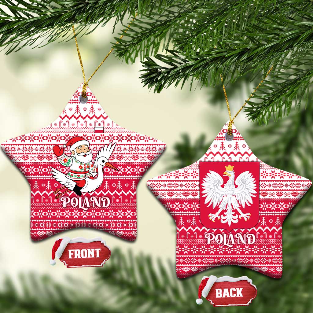 Poland Christmas Ceramic Ornament with Santa Riding Stork White Eagle Emblem and Red Snowflake Knit Pattern Design - Wonder Print Shop
