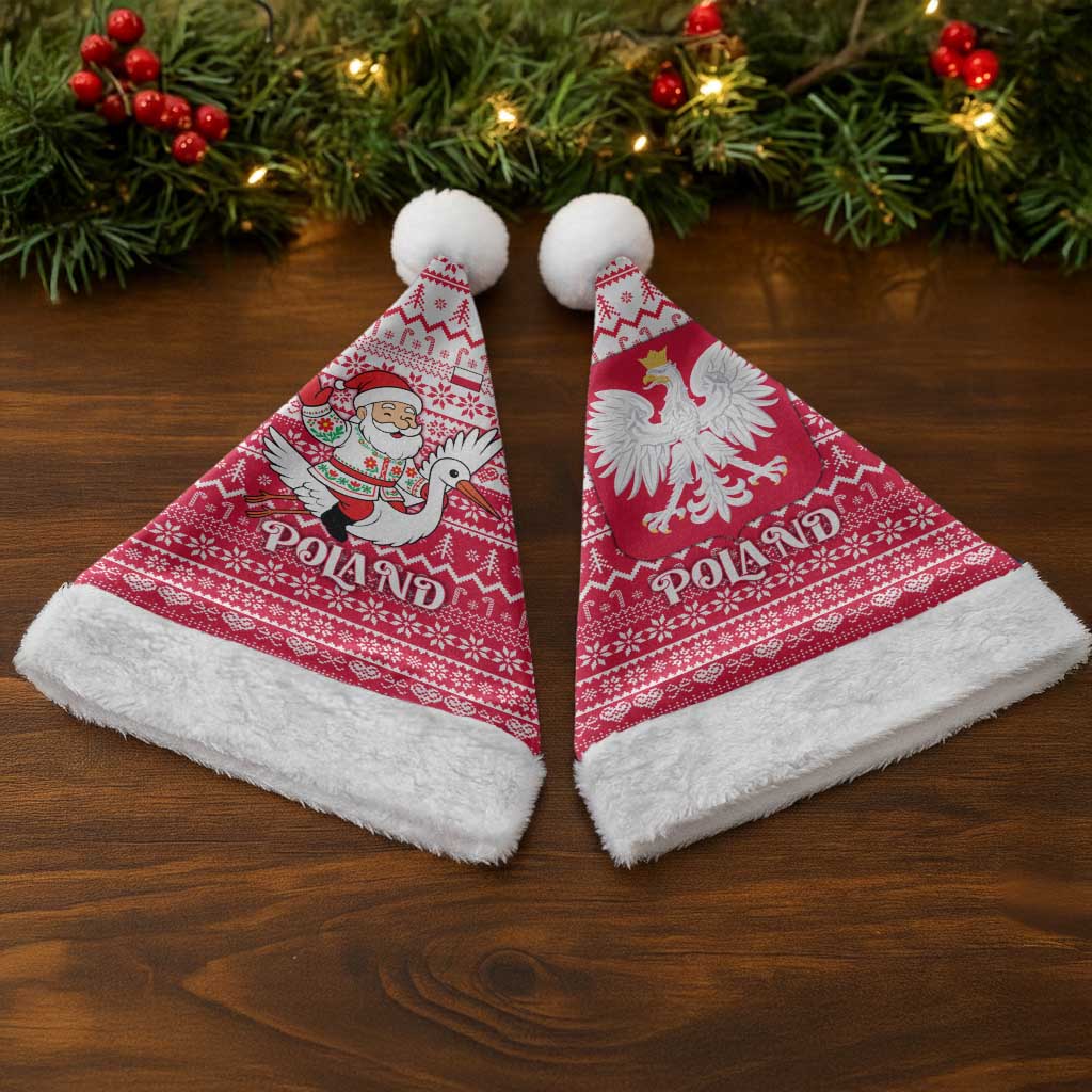 Poland Christmas Santa Hat with Santa Riding Stork White Eagle Emblem and Red Snowflake Knit Pattern Design - Wonder Print Shop