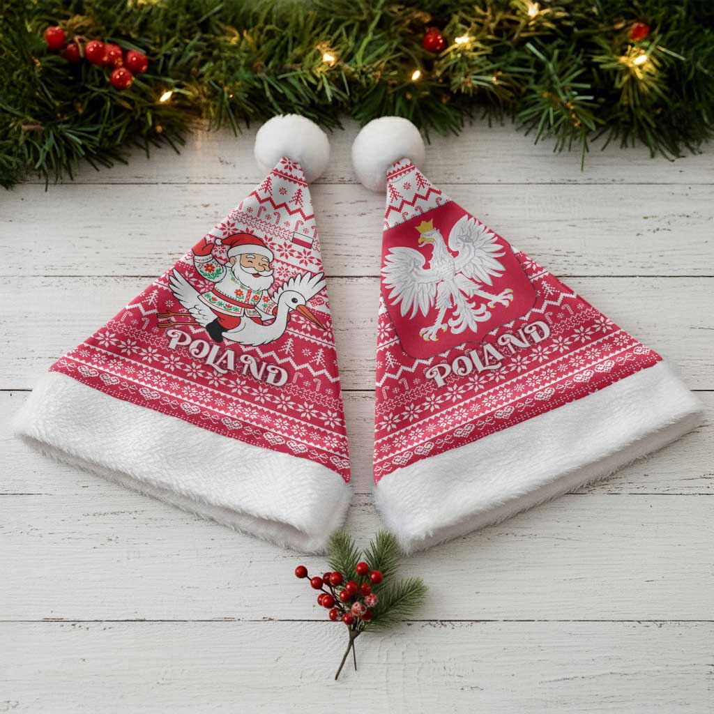 Poland Christmas Santa Hat with Santa Riding Stork White Eagle Emblem and Red Snowflake Knit Pattern Design - Wonder Print Shop