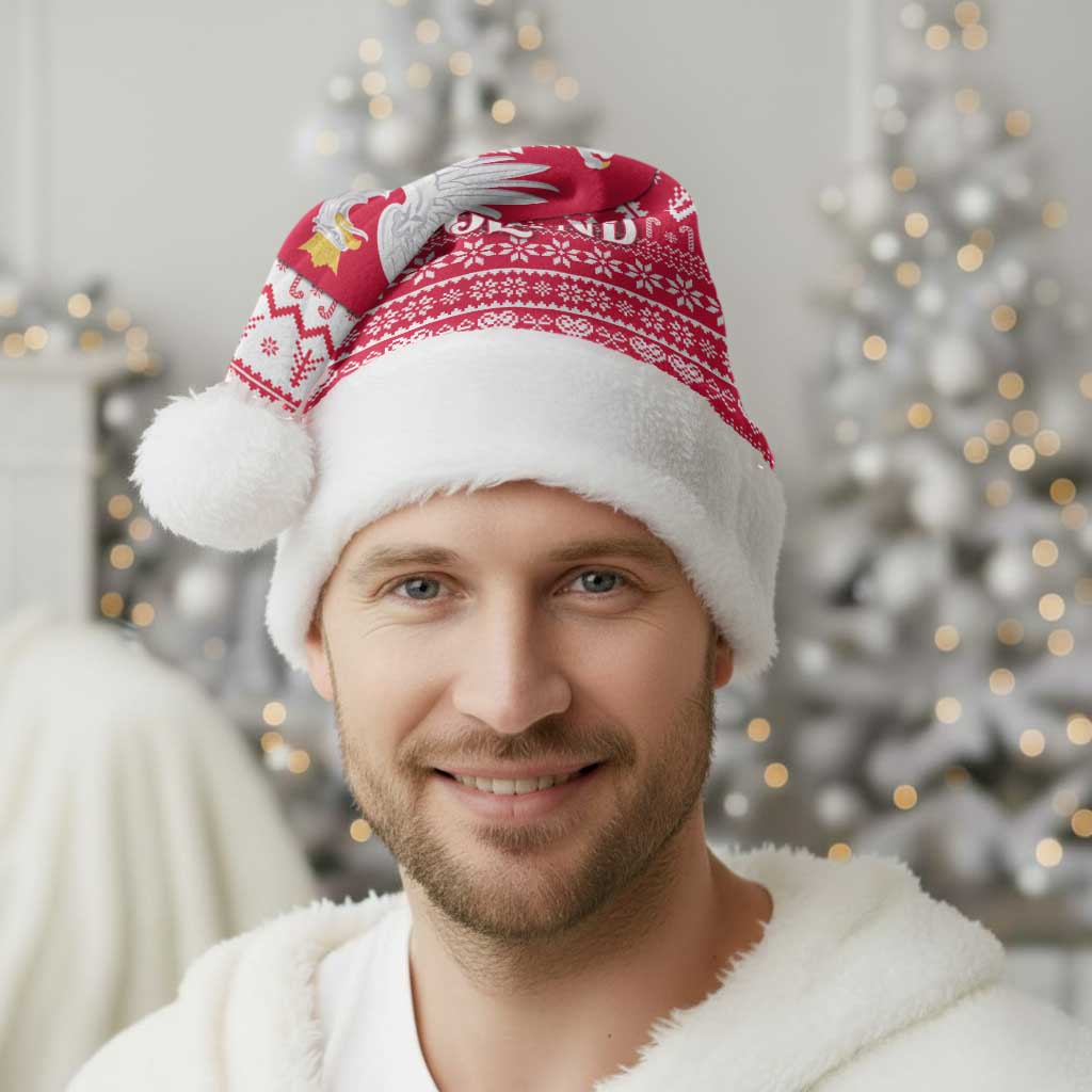 Poland Christmas Santa Hat with Santa Riding Stork White Eagle Emblem and Red Snowflake Knit Pattern Design - Wonder Print Shop