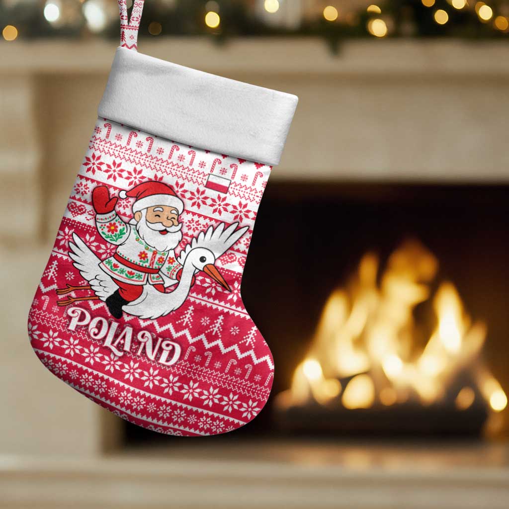 Poland Christmas Stocking with Santa Riding Stork White Eagle Emblem and Red Snowflake Knit Pattern Design - Wonder Print Shop