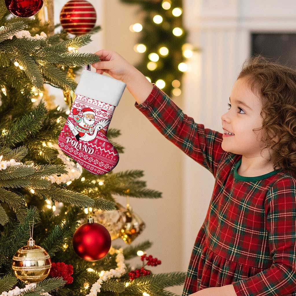 Poland Christmas Stocking with Santa Riding Stork White Eagle Emblem and Red Snowflake Knit Pattern Design - Wonder Print Shop