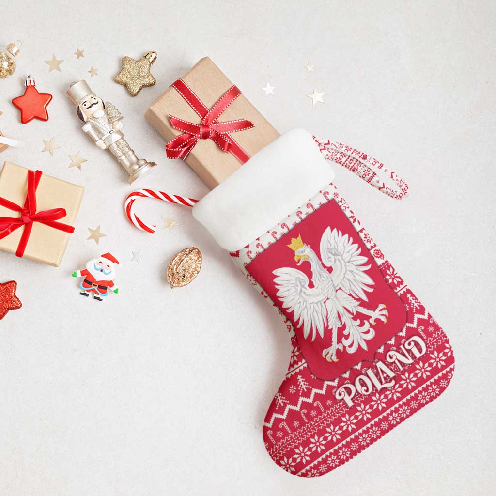 Poland Christmas Stocking with Santa Riding Stork White Eagle Emblem and Red Snowflake Knit Pattern Design - Wonder Print Shop