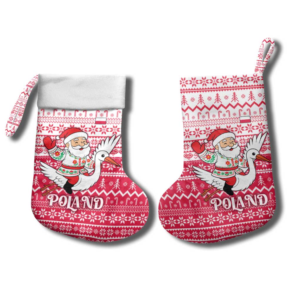 Poland Christmas Stocking with Santa Riding Stork White Eagle Emblem and Red Snowflake Knit Pattern Design - Wonder Print Shop