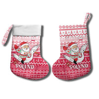 Poland Christmas Stocking with Santa Riding Stork White Eagle Emblem and Red Snowflake Knit Pattern Design - Wonder Print Shop