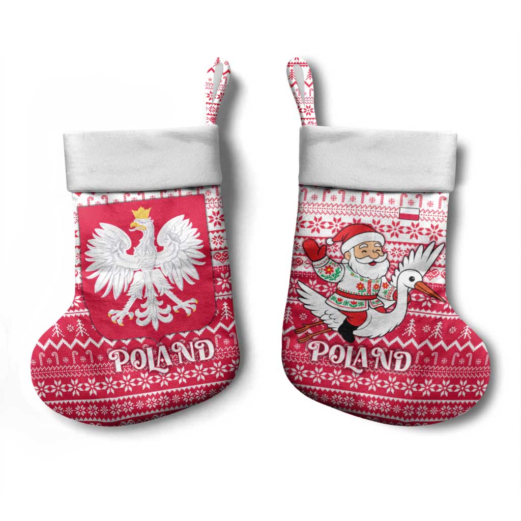 Poland Christmas Stocking with Santa Riding Stork White Eagle Emblem and Red Snowflake Knit Pattern Design - Wonder Print Shop