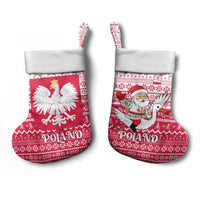 Poland Christmas Stocking with Santa Riding Stork White Eagle Emblem and Red Snowflake Knit Pattern Design - Wonder Print Shop