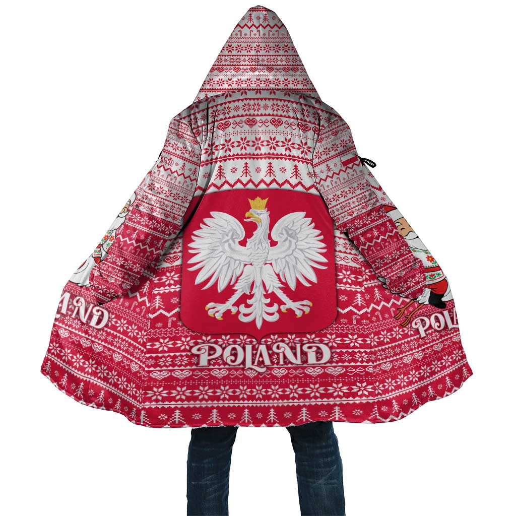 Poland Christmas Cloak with Santa Riding Stork White Eagle Emblem and Red Snowflake Knit Pattern Design - Wonder Print Shop