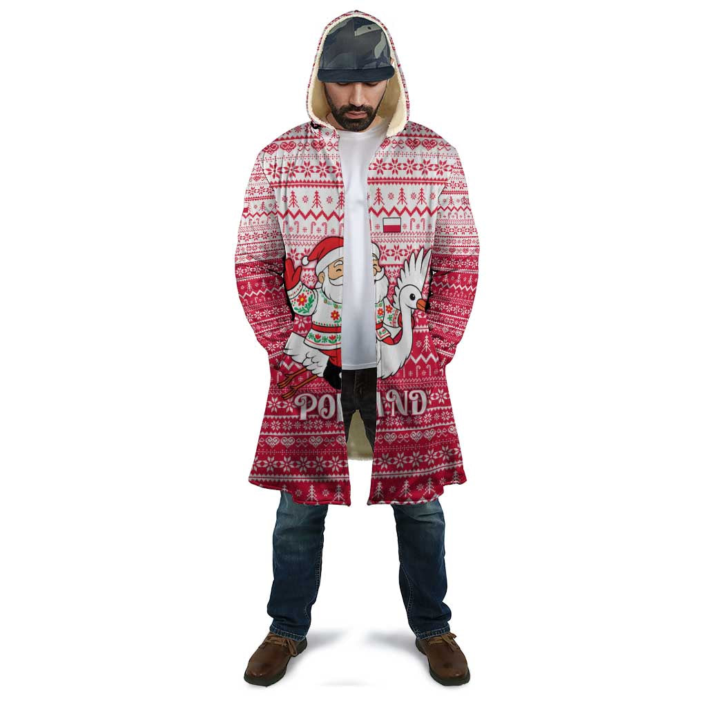 Poland Christmas Cloak with Santa Riding Stork White Eagle Emblem and Red Snowflake Knit Pattern Design - Wonder Print Shop