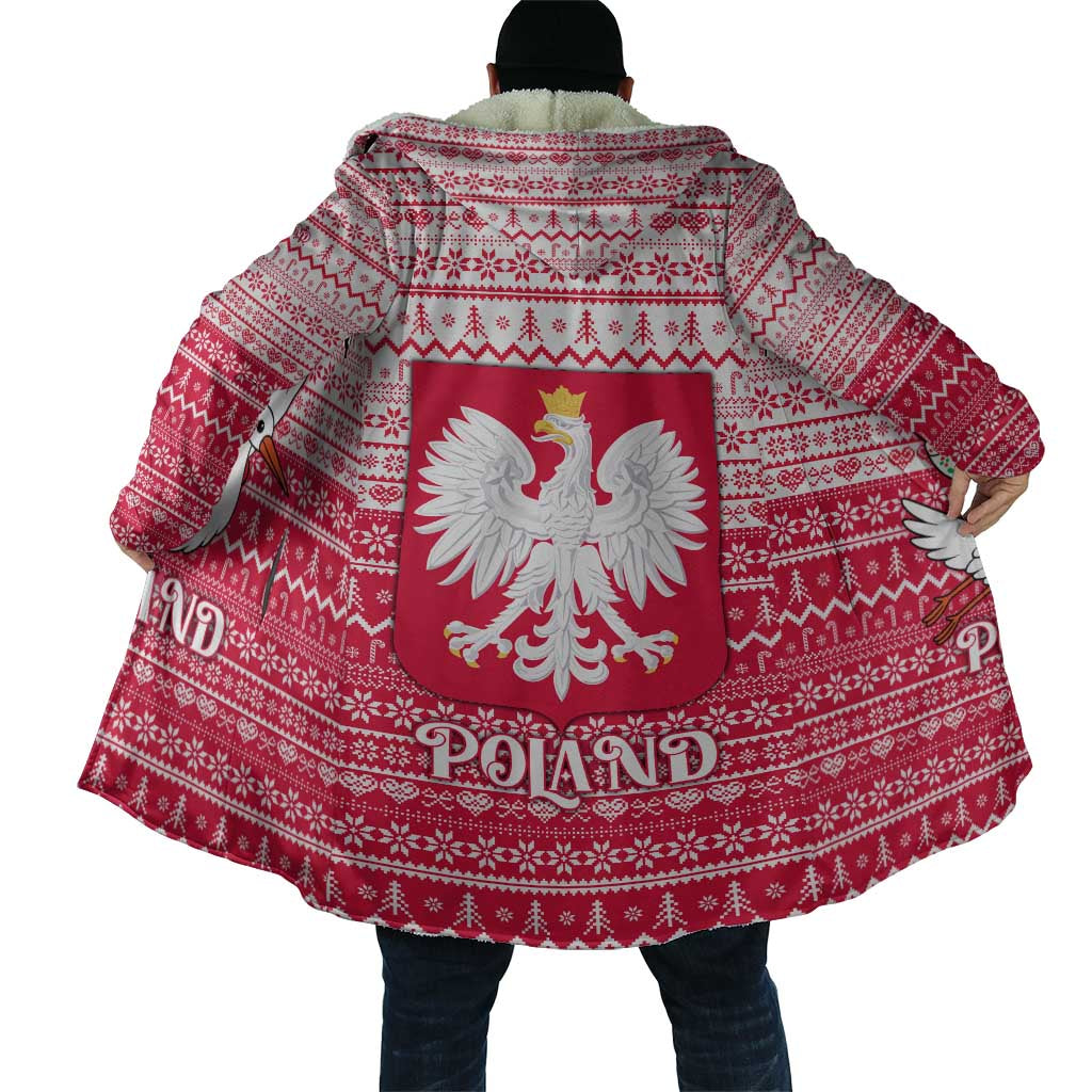 Poland Christmas Cloak with Santa Riding Stork White Eagle Emblem and Red Snowflake Knit Pattern Design - Wonder Print Shop