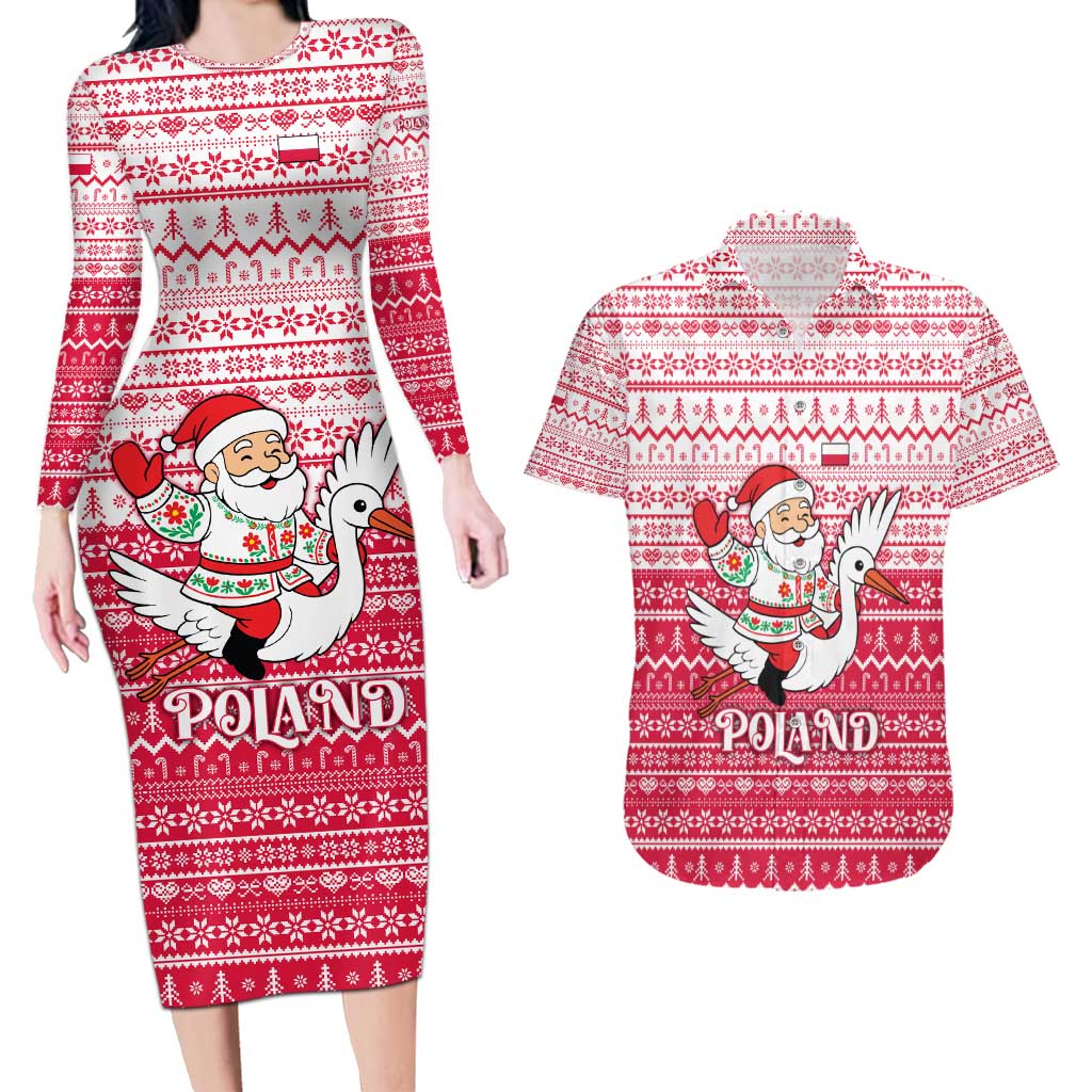Poland Christmas Couples Matching Long Sleeve Bodycon Dress and Hawaiian Shirt with Santa Riding Stork White Eagle Emblem and Red Snowflake Knit Pattern Design - Wonder Print Shop