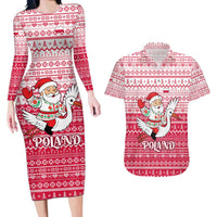 Poland Christmas Couples Matching Long Sleeve Bodycon Dress and Hawaiian Shirt with Santa Riding Stork White Eagle Emblem and Red Snowflake Knit Pattern Design - Wonder Print Shop