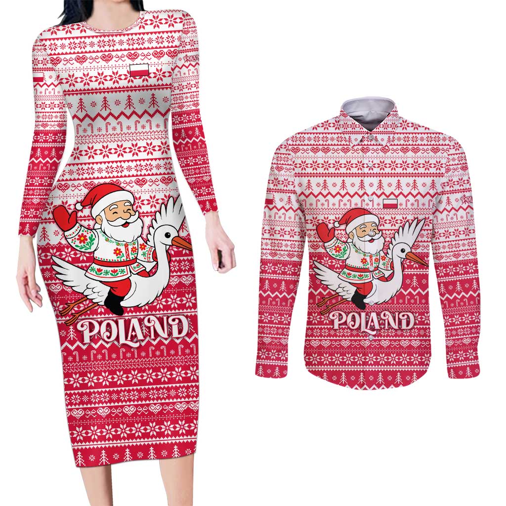 Poland Christmas Couples Matching Long Sleeve Bodycon Dress and Long Sleeve Button Shirt with Santa Riding Stork White Eagle Emblem and Red Snowflake Knit Pattern Design - Wonder Print Shop