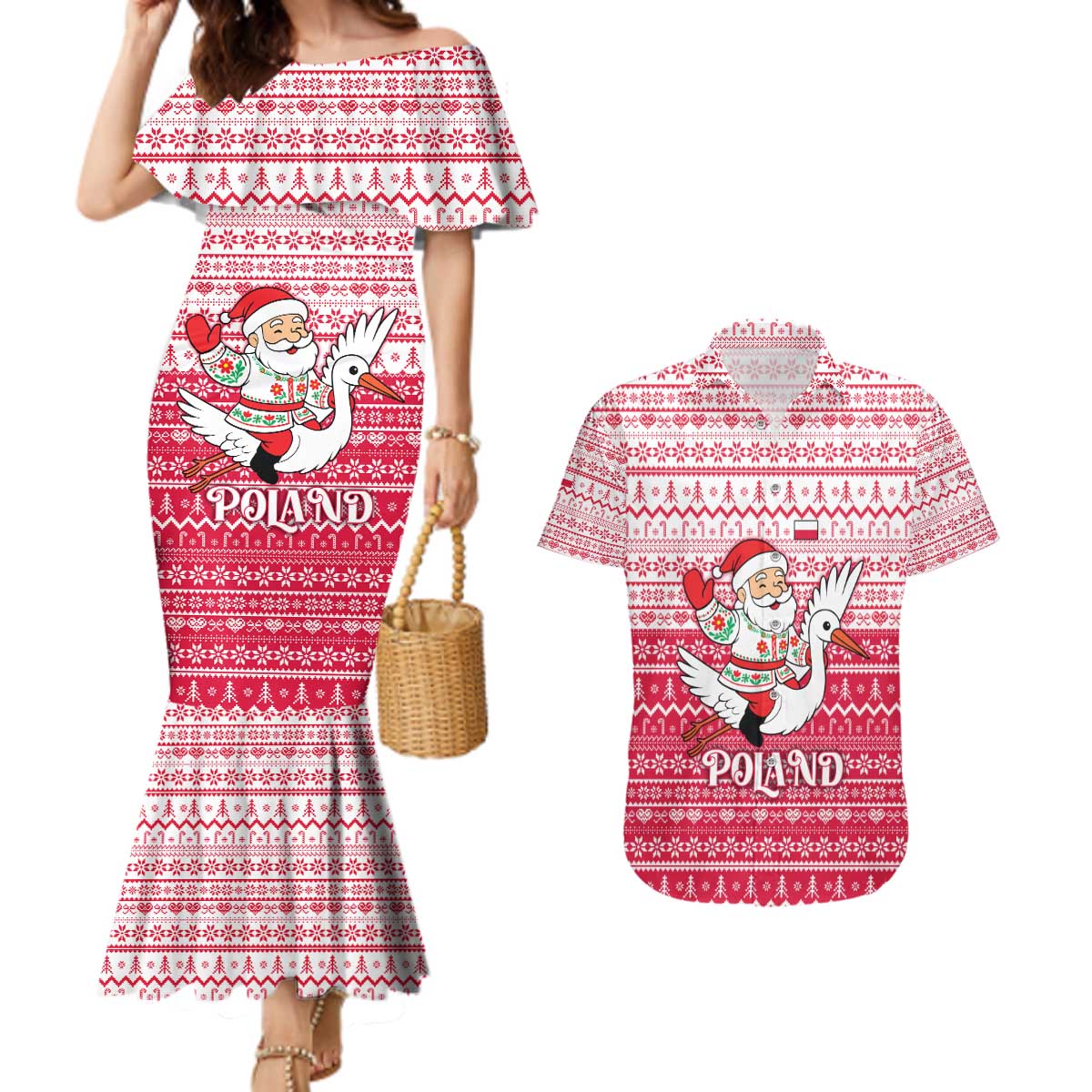 Poland Christmas Couples Matching Mermaid Dress and Hawaiian Shirt with Santa Riding Stork White Eagle Emblem and Red Snowflake Knit Pattern Design - Wonder Print Shop