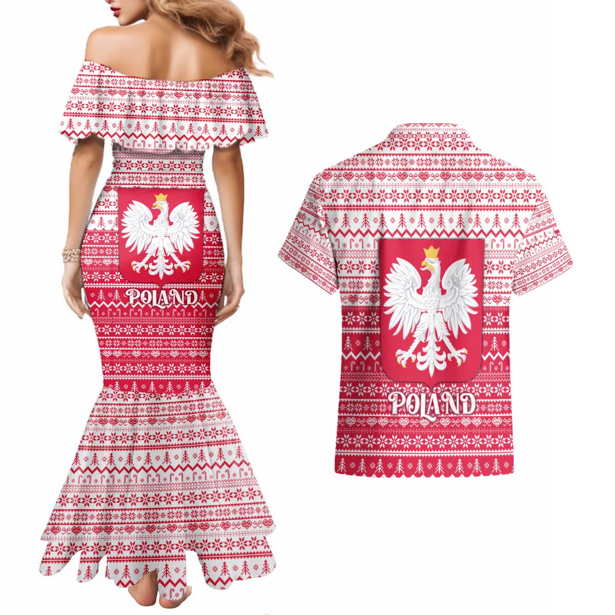 Poland Christmas Couples Matching Mermaid Dress and Hawaiian Shirt with Santa Riding Stork White Eagle Emblem and Red Snowflake Knit Pattern Design - Wonder Print Shop