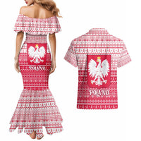 Poland Christmas Couples Matching Mermaid Dress and Hawaiian Shirt with Santa Riding Stork White Eagle Emblem and Red Snowflake Knit Pattern Design - Wonder Print Shop