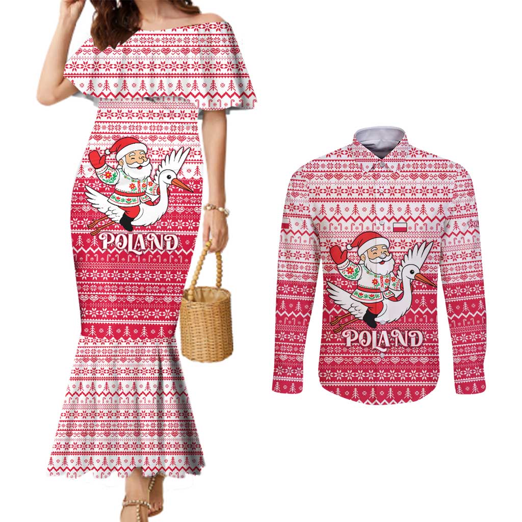 Poland Christmas Couples Matching Mermaid Dress and Long Sleeve Button Shirt with Santa Riding Stork White Eagle Emblem and Red Snowflake Knit Pattern Design - Wonder Print Shop