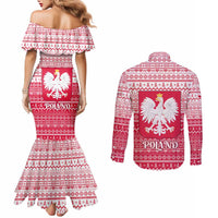 Poland Christmas Couples Matching Mermaid Dress and Long Sleeve Button Shirt with Santa Riding Stork White Eagle Emblem and Red Snowflake Knit Pattern Design - Wonder Print Shop