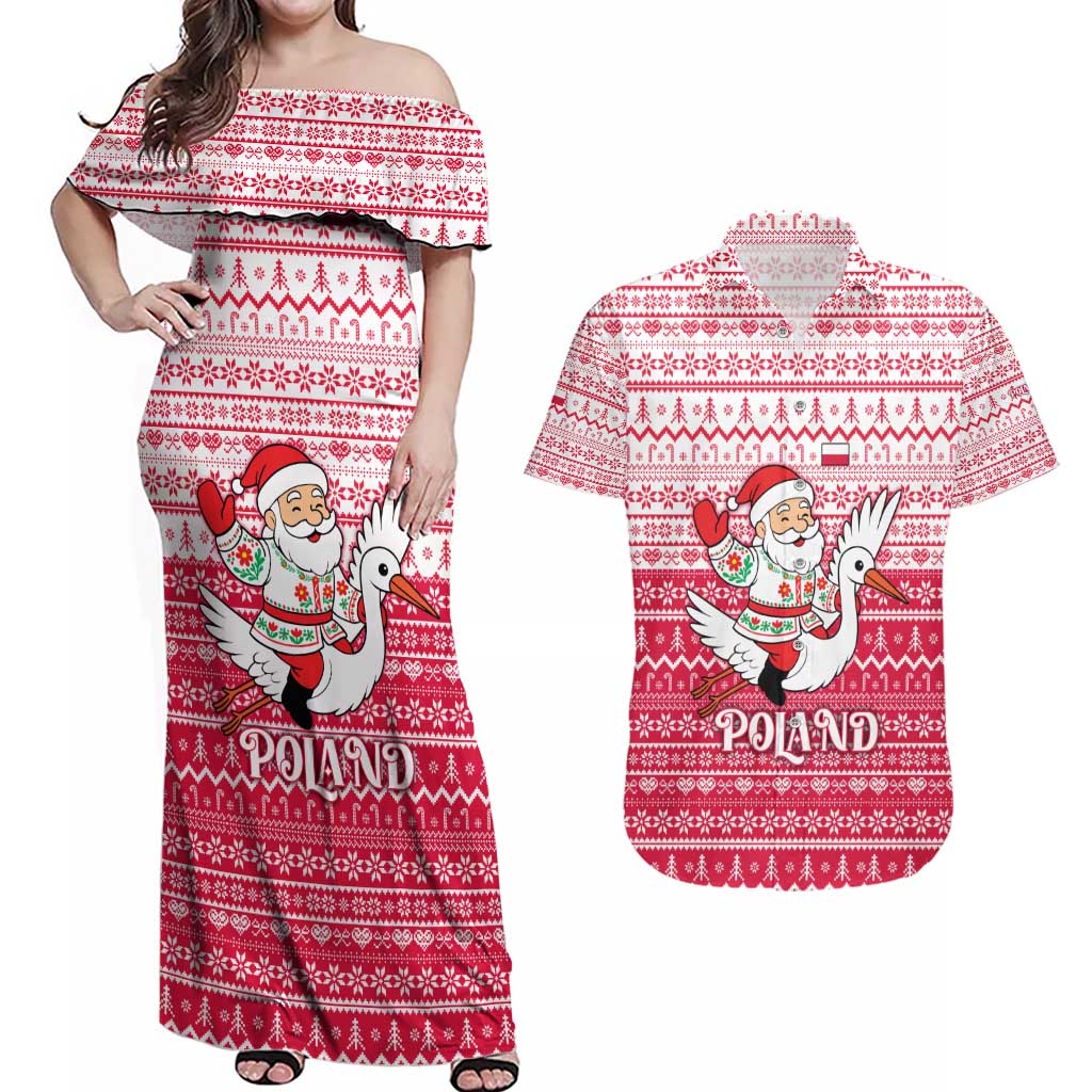 Poland Christmas Couples Matching Off Shoulder Maxi Dress and Hawaiian Shirt with Santa Riding Stork White Eagle Emblem and Red Snowflake Knit Pattern Design - Wonder Print Shop