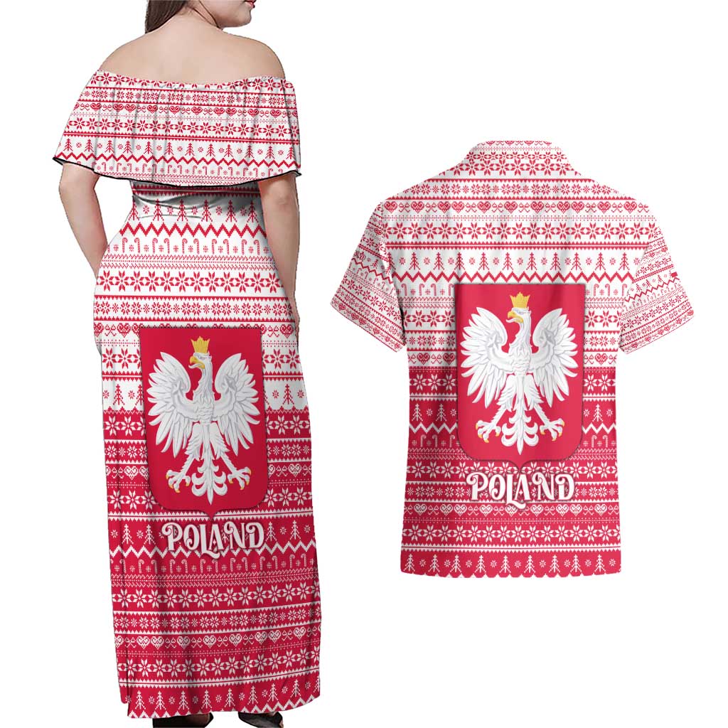 Poland Christmas Couples Matching Off Shoulder Maxi Dress and Hawaiian Shirt with Santa Riding Stork White Eagle Emblem and Red Snowflake Knit Pattern Design - Wonder Print Shop