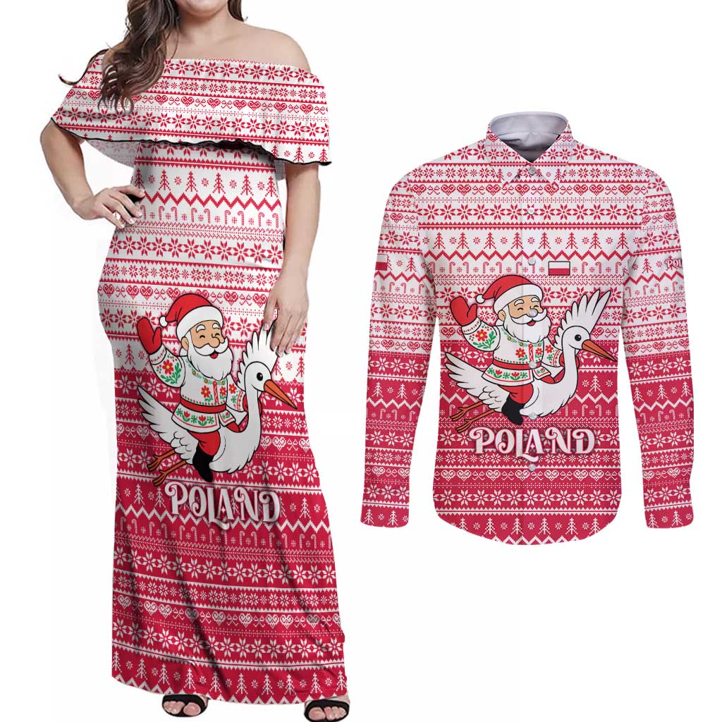 Poland Christmas Couples Matching Off Shoulder Maxi Dress and Long Sleeve Button Shirt with Santa Riding Stork White Eagle Emblem and Red Snowflake Knit Pattern Design - Wonder Print Shop