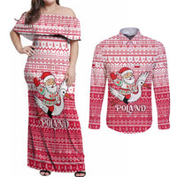 Poland Christmas Couples Matching Off Shoulder Maxi Dress and Long Sleeve Button Shirt with Santa Riding Stork White Eagle Emblem and Red Snowflake Knit Pattern Design - Wonder Print Shop