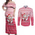 Poland Christmas Couples Matching Off Shoulder Maxi Dress and Long Sleeve Button Shirt with Santa Riding Stork White Eagle Emblem and Red Snowflake Knit Pattern Design - Wonder Print Shop