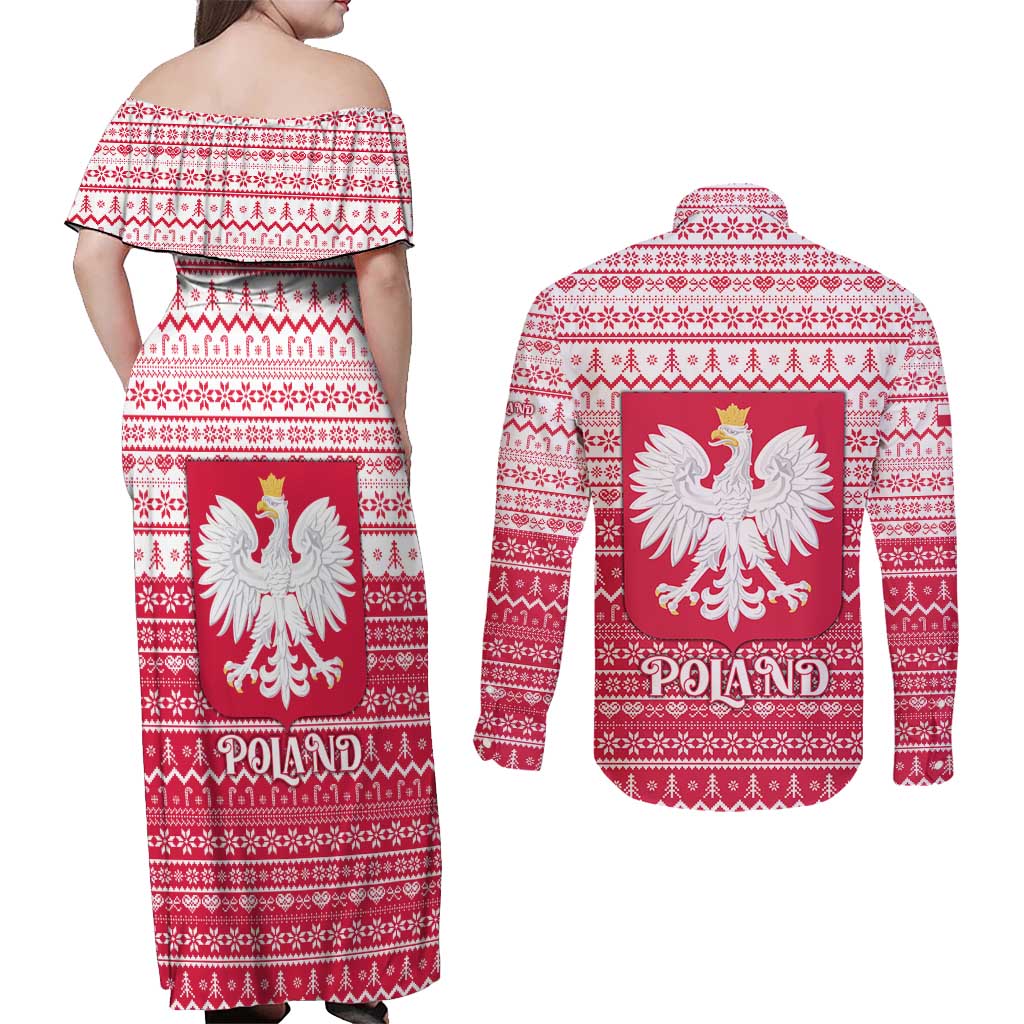 Poland Christmas Couples Matching Off Shoulder Maxi Dress and Long Sleeve Button Shirt with Santa Riding Stork White Eagle Emblem and Red Snowflake Knit Pattern Design - Wonder Print Shop
