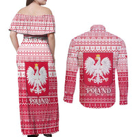 Poland Christmas Couples Matching Off Shoulder Maxi Dress and Long Sleeve Button Shirt with Santa Riding Stork White Eagle Emblem and Red Snowflake Knit Pattern Design - Wonder Print Shop