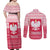 Poland Christmas Couples Matching Off Shoulder Maxi Dress and Long Sleeve Button Shirt with Santa Riding Stork White Eagle Emblem and Red Snowflake Knit Pattern Design - Wonder Print Shop