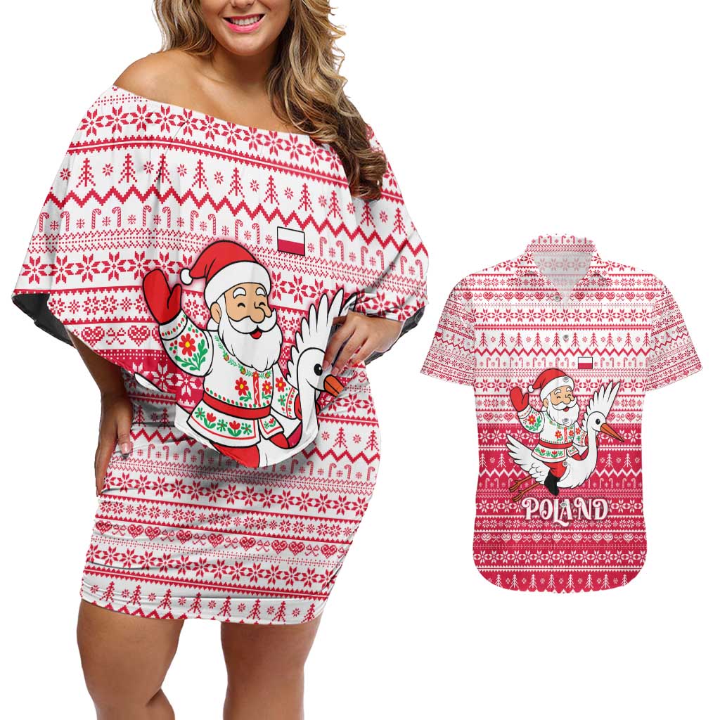 Poland Christmas Couples Matching Off Shoulder Short Dress and Hawaiian Shirt with Santa Riding Stork White Eagle Emblem and Red Snowflake Knit Pattern Design - Wonder Print Shop