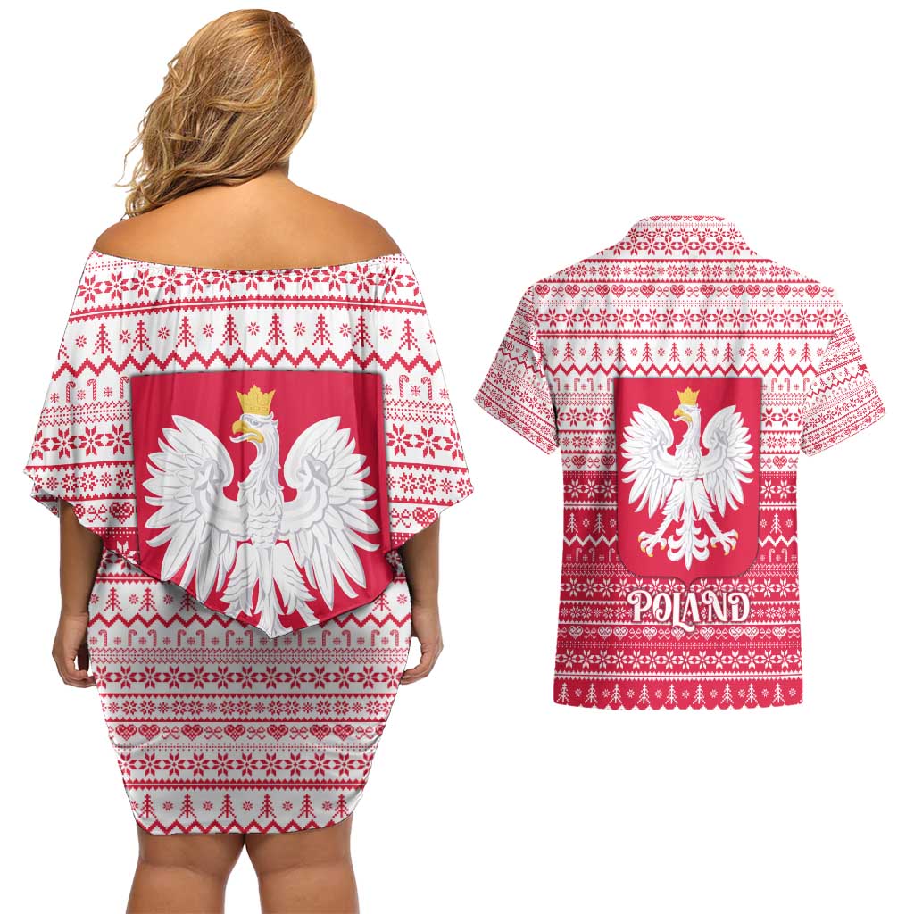 Poland Christmas Couples Matching Off Shoulder Short Dress and Hawaiian Shirt with Santa Riding Stork White Eagle Emblem and Red Snowflake Knit Pattern Design - Wonder Print Shop