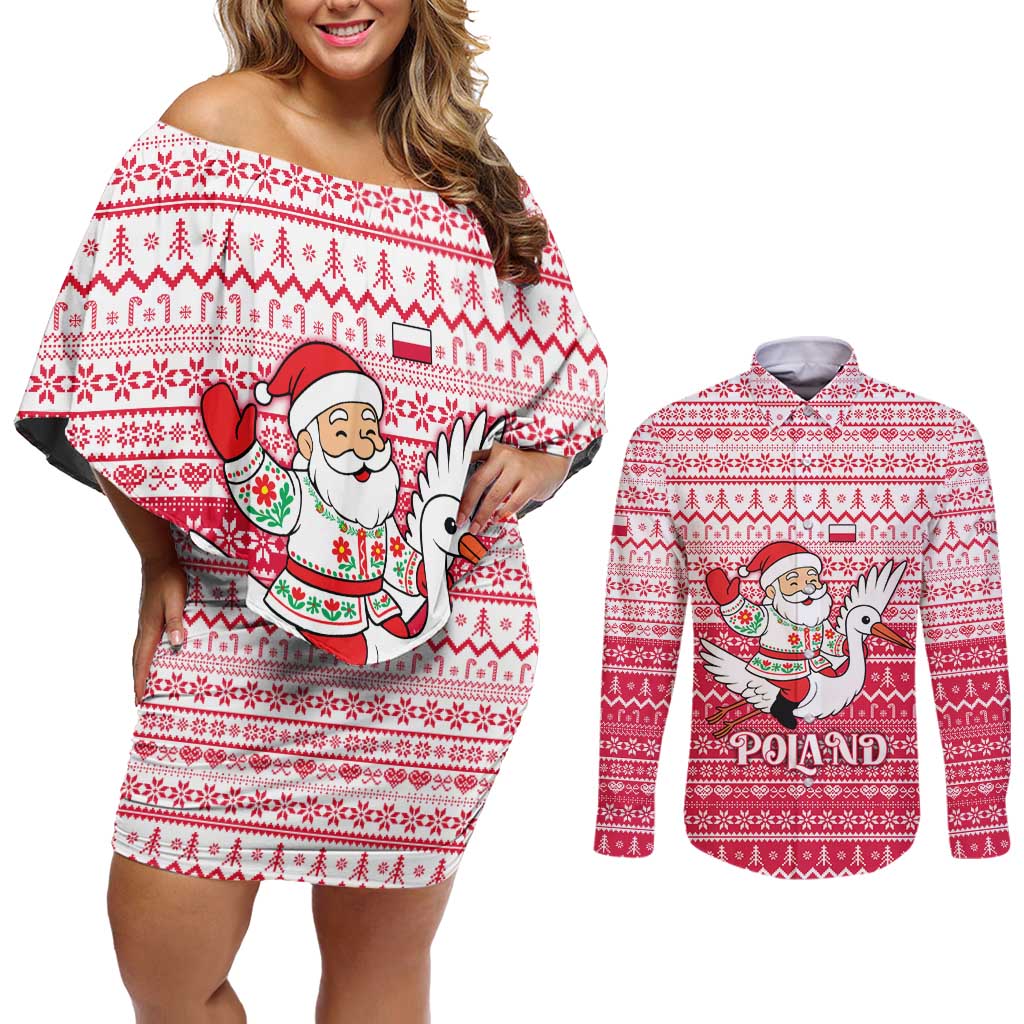Poland Christmas Couples Matching Off Shoulder Short Dress and Long Sleeve Button Shirt with Santa Riding Stork White Eagle Emblem and Red Snowflake Knit Pattern Design - Wonder Print Shop