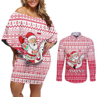 Poland Christmas Couples Matching Off Shoulder Short Dress and Long Sleeve Button Shirt with Santa Riding Stork White Eagle Emblem and Red Snowflake Knit Pattern Design - Wonder Print Shop